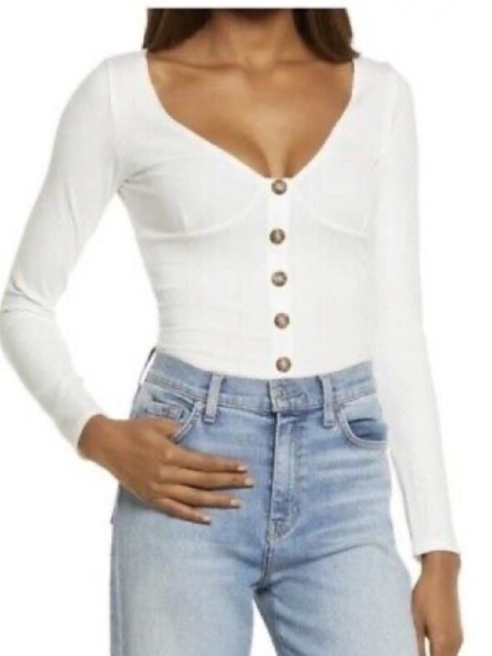 Reformation Virgil Ribbed Button Front Top White Long Sleeve Size S